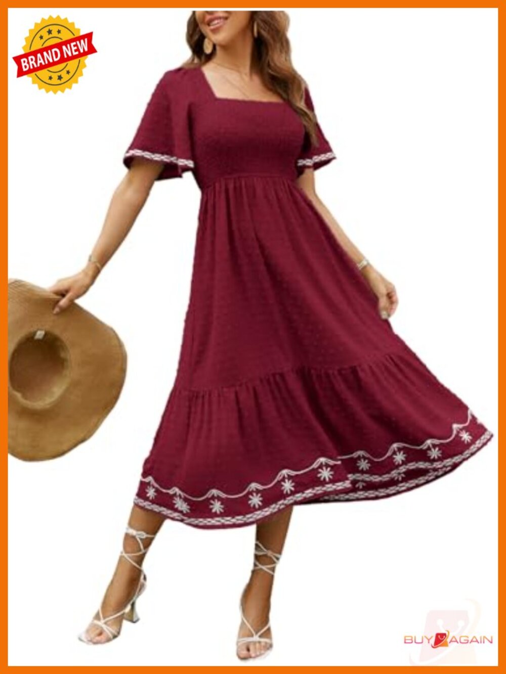 Women's Smocked Square Neck A Line Short Sleeve Flowy Maxi Dress